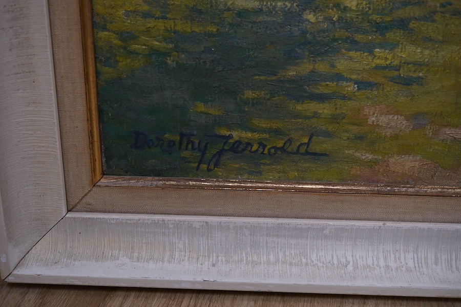 Dorothy Jerrold (fl. 1908-1940), Impressionist oil on canvas, Landscape with figure collecting wood, signed, 64 x 41cm. Condition - fair